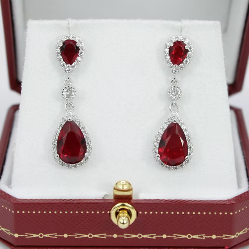 White Gold Finish Created Diamond And Red Ruby Pear Cut Dangle Set