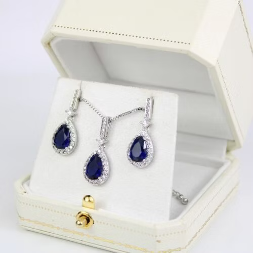 WHITE GOLD FINISH Blue Sapphire Pear Cut Created Diamond Dangle Jewellery Set