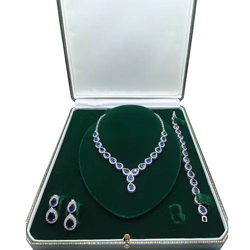 White Gold Finish Blue Sapphire Pear Cut and Created Diamond Necklace, Earring