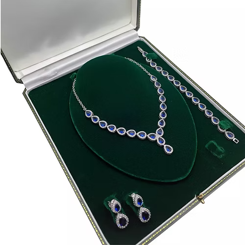 White Gold Finish Blue Sapphire Pear Cut and Created Diamond Necklace, Earring