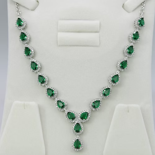White Gold Finish Created Diamond Green Emerald Classic Pear Cut Set