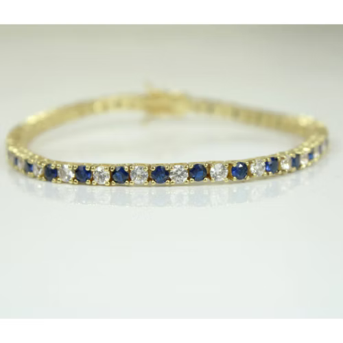 Yellow Gold Finish Created Diamond Blue Sapphire Round Cut Tennis Bracelet