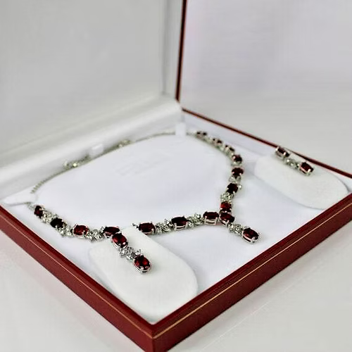 WHITE GOLD FINISH Ruby Created Diamond Love and Kisses Necklace Earrings Set