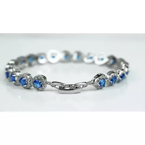 White gold finish blue sapphire created diamond heart cut bracelet Gift Idea