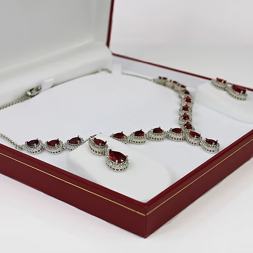 WHITE GOLD FINISH Red Ruby Pear Cut Cluster Created Diamond Necklace and Dangle