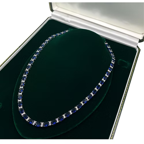 WHITE GOLD FINISH Oval Cut Blue Sapphire and Round Cut Created Diamond Necklace