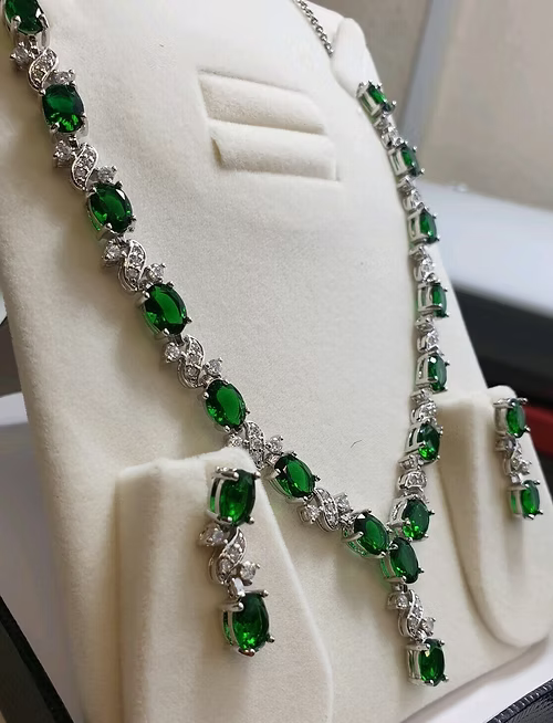 Green Emerald and Created Diamond Necklace Earrings Set - Elegant and Stunning