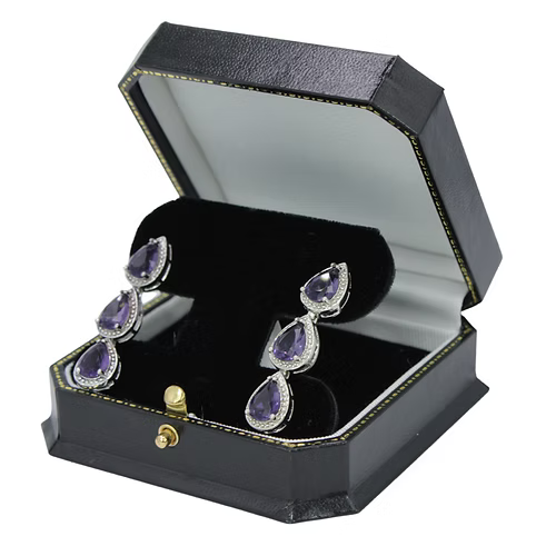 White Gold Finish Amethyst Triple Pear Cut Dangle Earrings