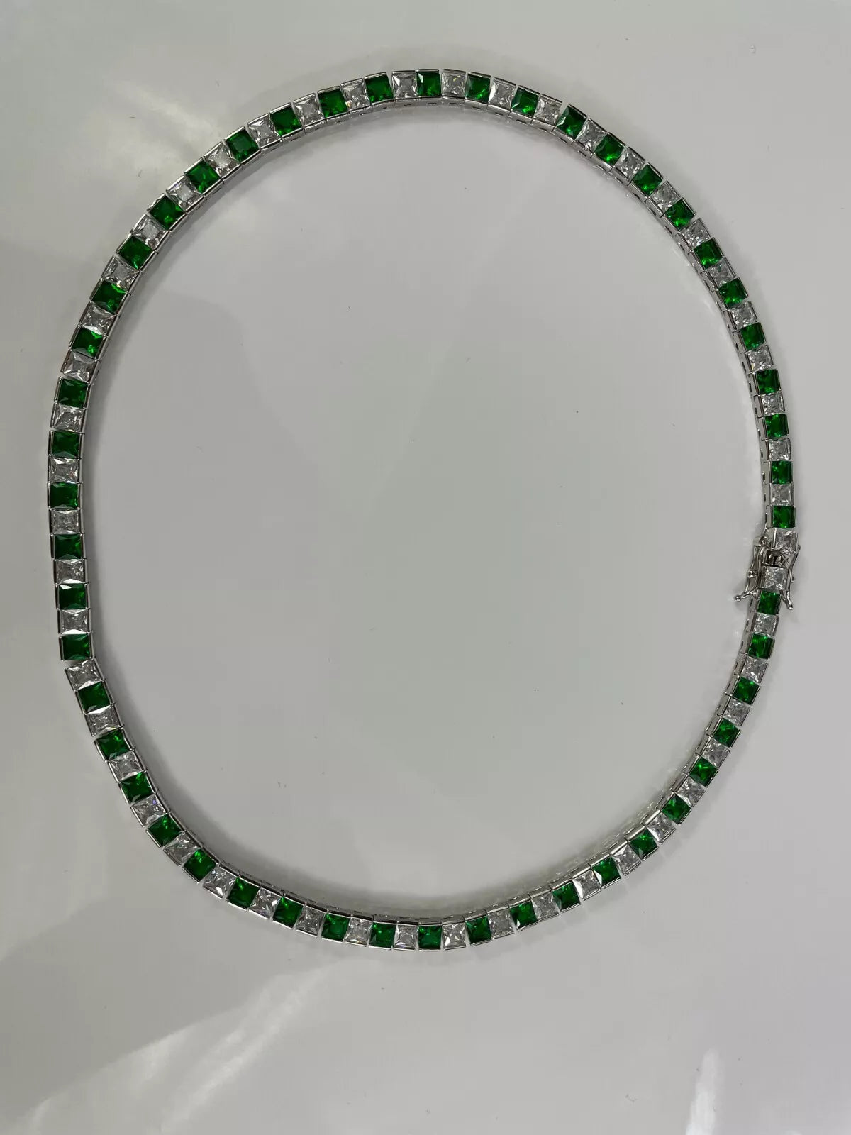 WHITE GOLD FINISH Square Cut Green Emerald and Created Diamond Necklace