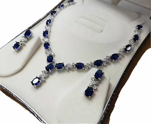 White gold finish oval blue sapphire and created diamond earrings necklace Set