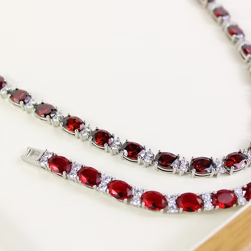 WHITE GOLD FINISH Red Ruby CD Oval Cut Crown Claw Bracelet & Necklace