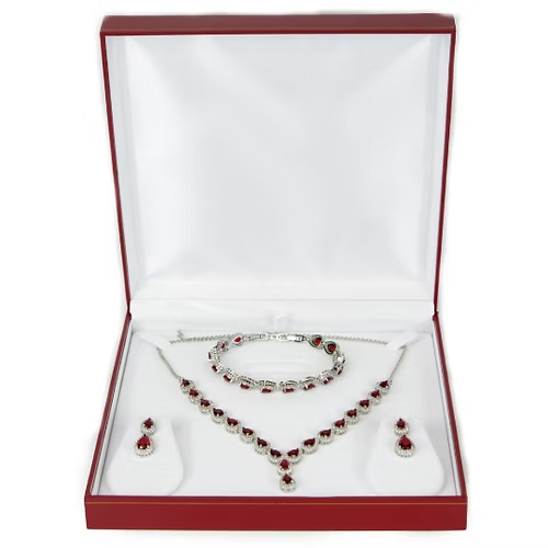 White Gold Finish Created Diamond Red Ruby Classic Pear Cut Set
