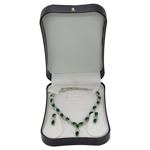 White Gold Finish Created Diamond Green Emerald "Love and Kisses" Jewellery Set
