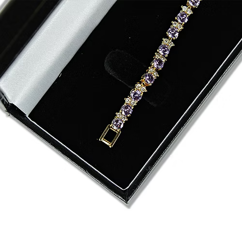 Yellow Gold Finish Purple Amethyst Flower Design Tennis Bracelet