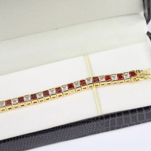 YELLOW GOLD FINISH Red Garnet Princess Cut Alternating CD Bracelet