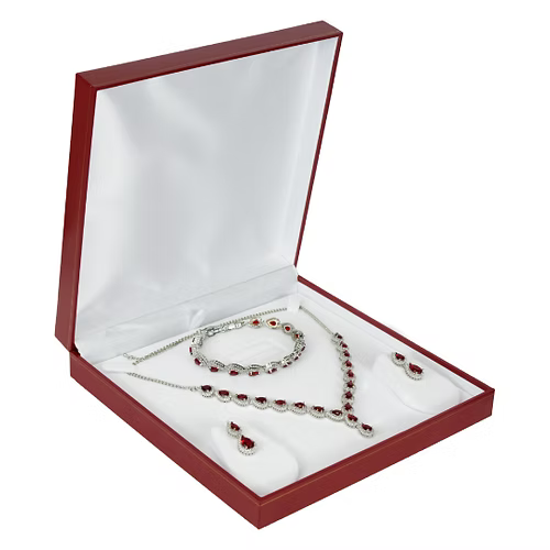 White Gold Finish Created Diamond Red Ruby Classic Pear Cut Set