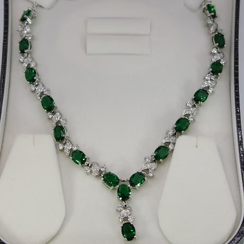 White Gold Finish Created Diamond Green Emerald "Love and Kisses" Jewellery Set