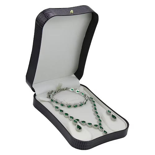 White Gold Finish Created Diamond Green Emerald Classic Pear Cut Set