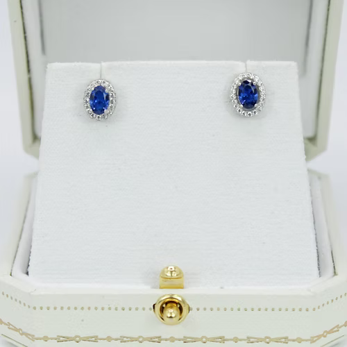 White Gold Finish Created Diamond Blue Sapphire Oval Cut Set