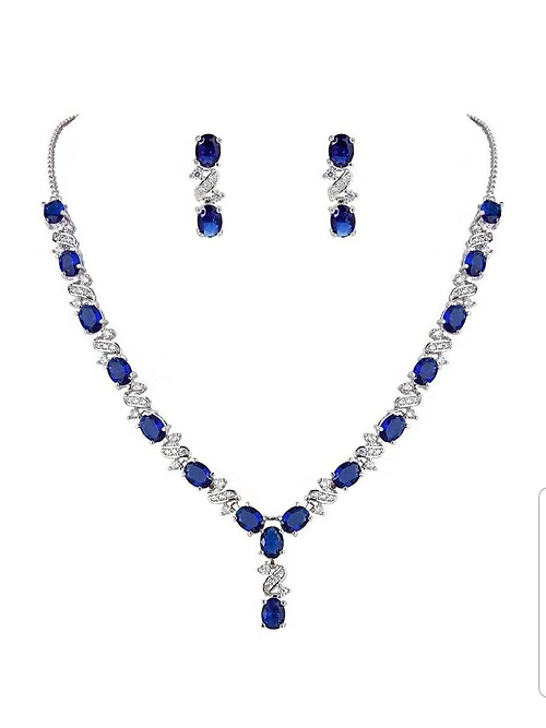 White gold finish oval blue sapphire and created diamond earrings necklace Set