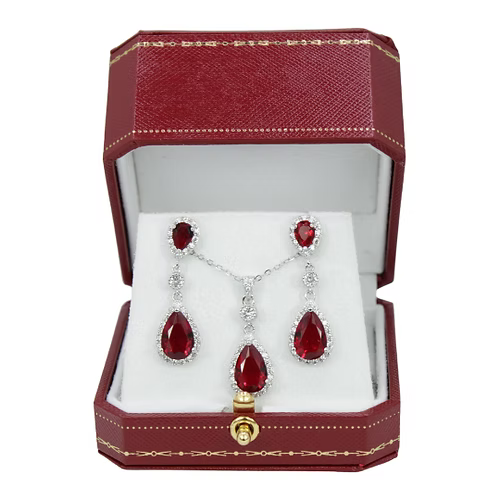 White Gold Finish Created Diamond And Red Ruby Pear Cut Dangle Set