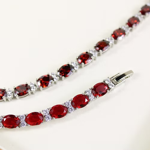 WHITE GOLD FINISH Red Ruby CD Oval Cut Crown Claw Bracelet & Necklace