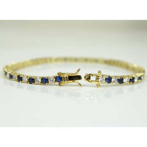Yellow Gold Finish Created Diamond Blue Sapphire Round Cut Tennis Bracelet