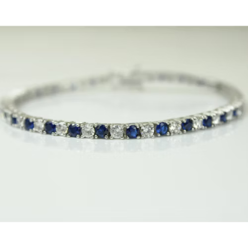 White Gold Finish Created Diamond Blue Sapphire Round Cut Tennis Bracelet