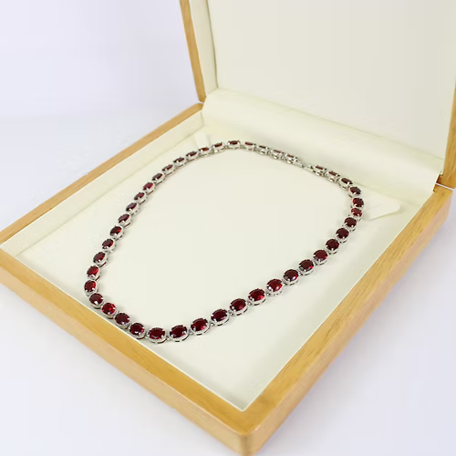 WHITE GOLD FINISH Red Ruby Oval Cut Crown Claw Necklace