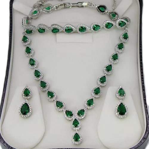 White Gold Finish Created Diamond Green Emerald Classic Pear Cut Set