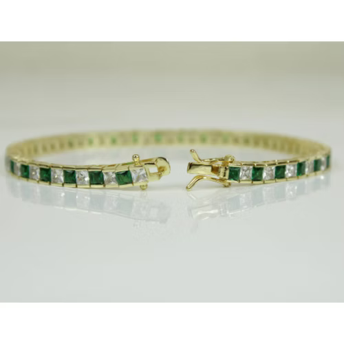 Yellow Gold Finish Created Diamond Green Emerald Princess Cut Tennis Bracelet