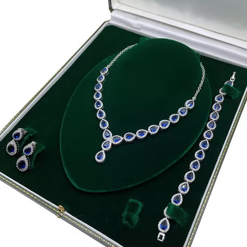 White Gold Finish Blue Sapphire Pear Cut and Created Diamond Necklace, Earring
