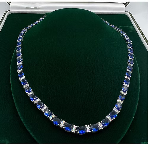 WHITE GOLD FINISH Oval Cut Blue Sapphire and Round Cut Created Diamond Necklace