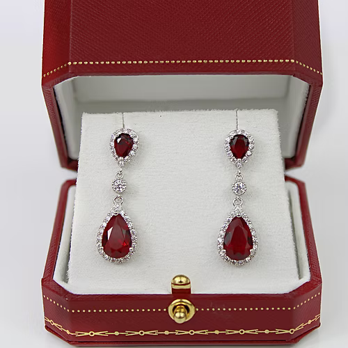 WHITE GOLD FINISH Red Ruby Pear Cut Dangle Created Diamonds Earrings
