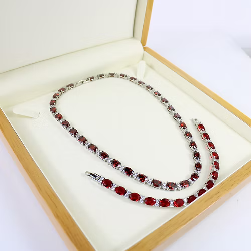WHITE GOLD FINISH Red Ruby CD Oval Cut Crown Claw Bracelet & Necklace