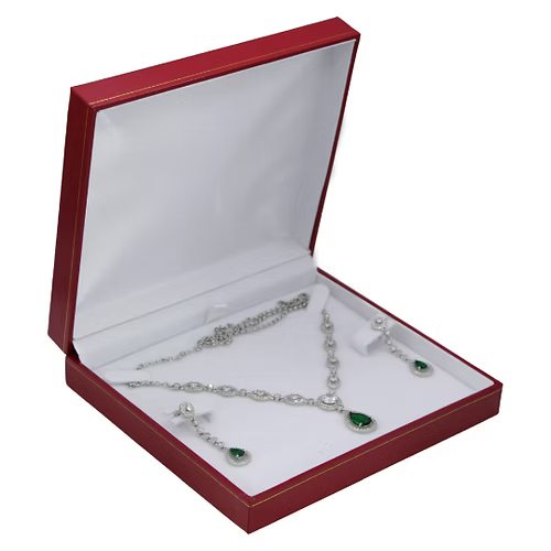 White Gold Finish Created Diamond Green Emerald Classic Retro Necklace & Dangle