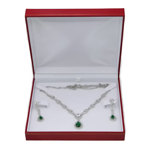 White Gold Finish Created Diamond Green Emerald Classic Retro Necklace & Dangle