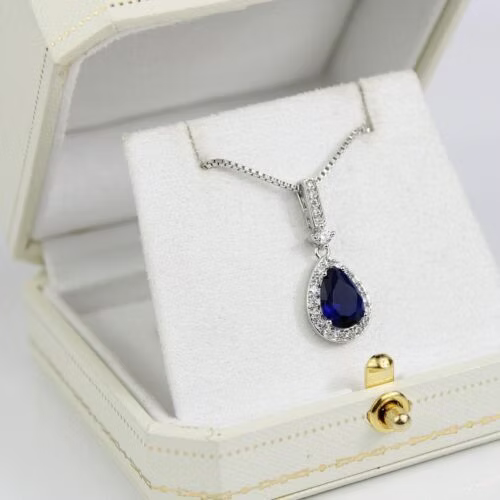 WHITE GOLD FINISH Blue Sapphire Pear Cut Created Diamond Necklace