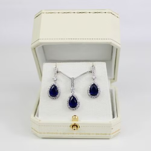 WHITE GOLD FINISH Blue Sapphire Pear Cut Created Diamond Dangle Jewellery Set