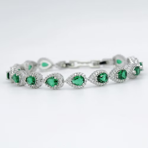 White Gold Finish Created Diamond Green Emerald Classic Pear Cut Set