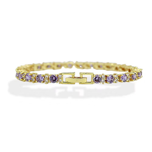 Yellow Gold Finish Purple Amethyst Flower Design Tennis Bracelet