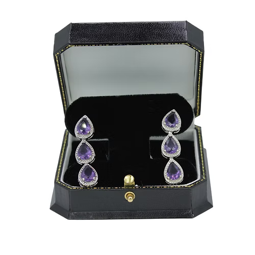 White Gold Finish Amethyst Triple Pear Cut Dangle Earrings