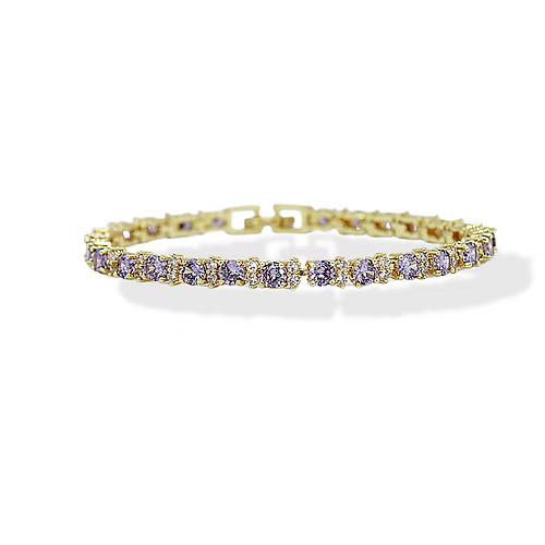 Yellow Gold Finish Purple Amethyst Flower Design Tennis Bracelet