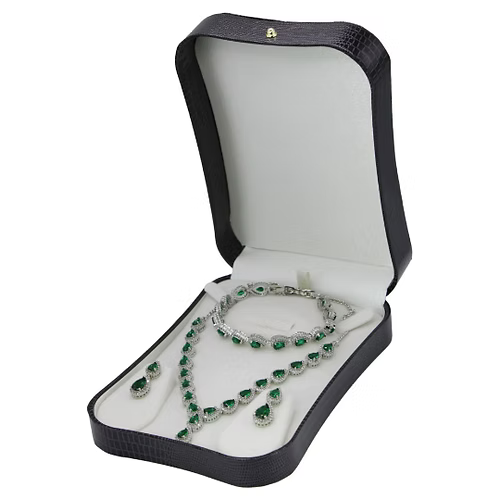 White Gold Finish Created Diamond Green Emerald Classic Pear Cut Set
