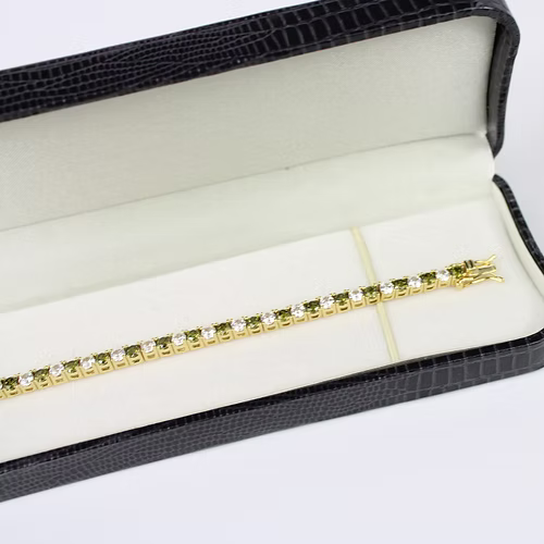 YELLOW GOLD FINISH Green Peridot Round Cut Alternating Created Diamond Bracelet