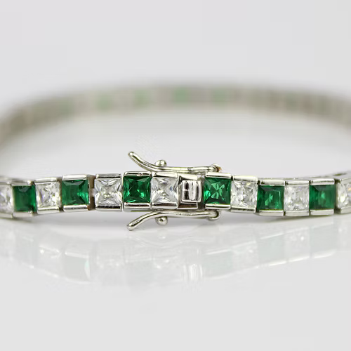 WHITE GOLD FINISH Green Emerald Princess Cut Alternating CD Bracelet