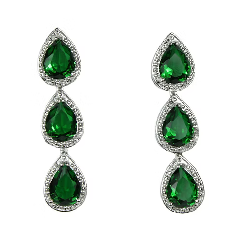 White Gold Finish Created Diamond Green Emerald Pear Cut Classic Dangle Earrings