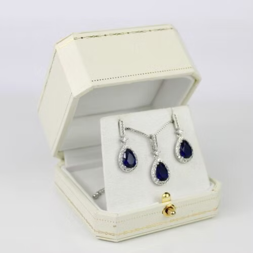 WHITE GOLD FINISH Blue Sapphire Pear Cut Created Diamond Dangle Jewellery Set
