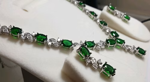 Green Emerald and Created Diamond Necklace Earrings Set - Elegant and Stunning