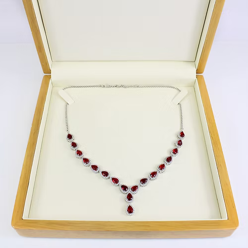 WHITE GOLD FINISH Red Ruby Pear Cut Cluster Created Diamond Necklace